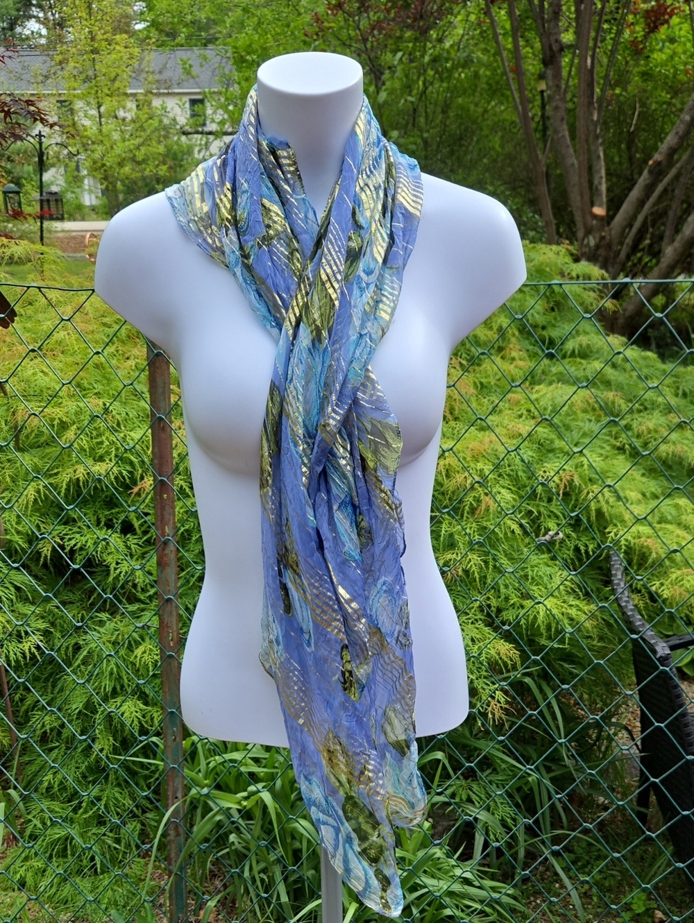 Blue & Green Metallic Patterned Women's Scarf - Unbranded